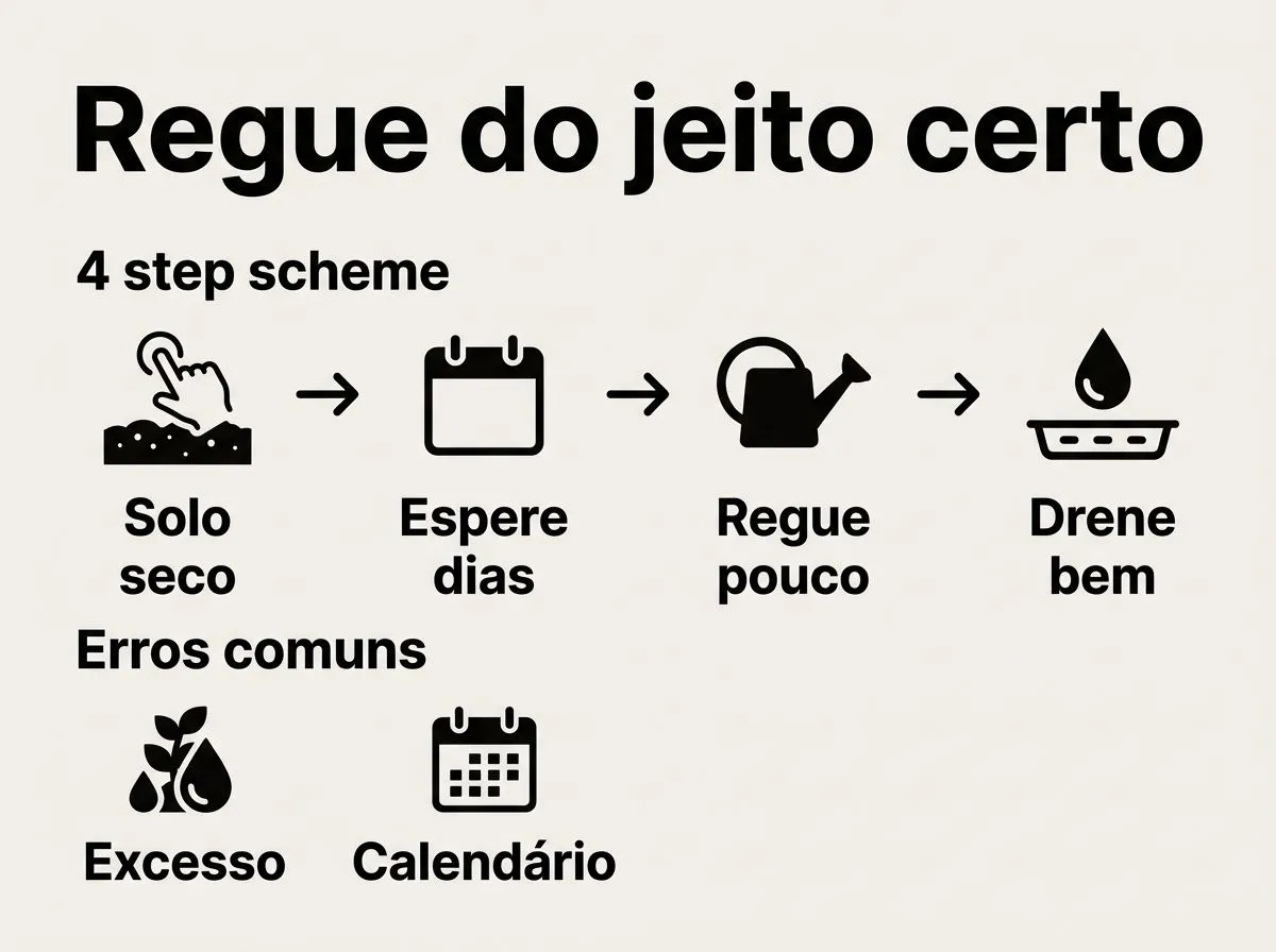 Infográfico com etapas para regar zamioculca: checar solo seco ao toque, esperar, regar com cuidado e garantir drenagem completa, além de evitar excesso e calendário fixo.
