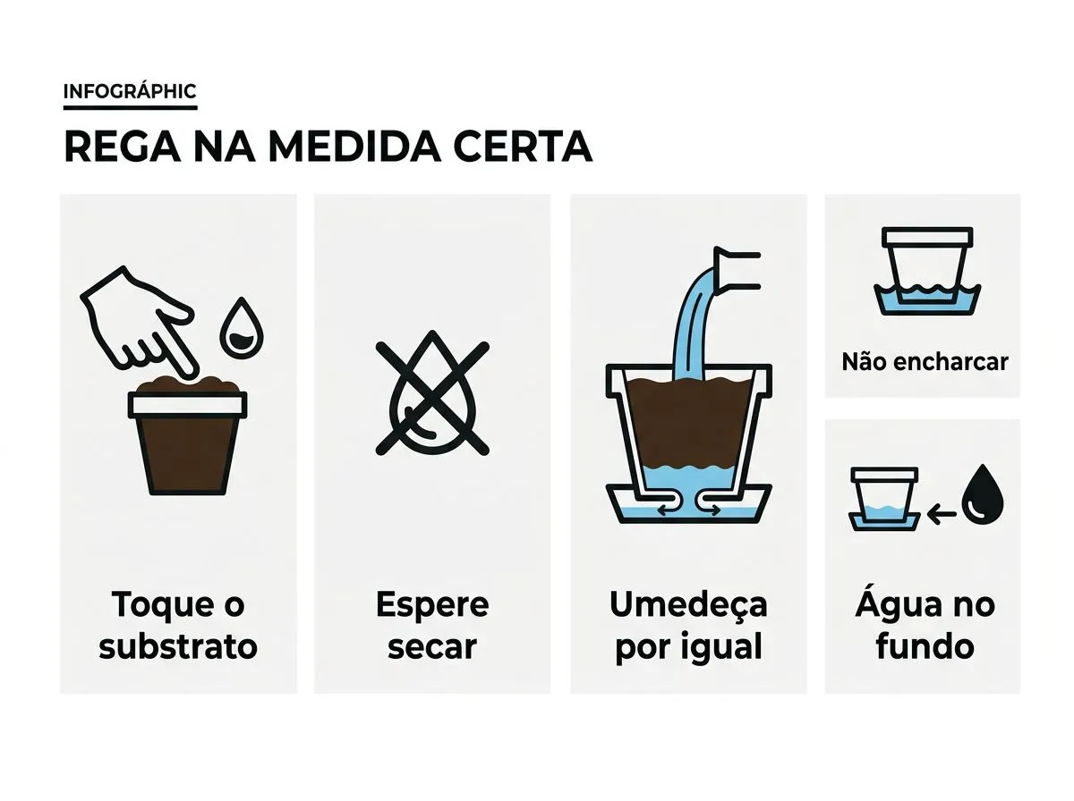 Infográfico com passos para regar o lírio-da-paz: tocar o substrato, esperar secar e umedecer por igual sem encharcar o fundo do vaso.