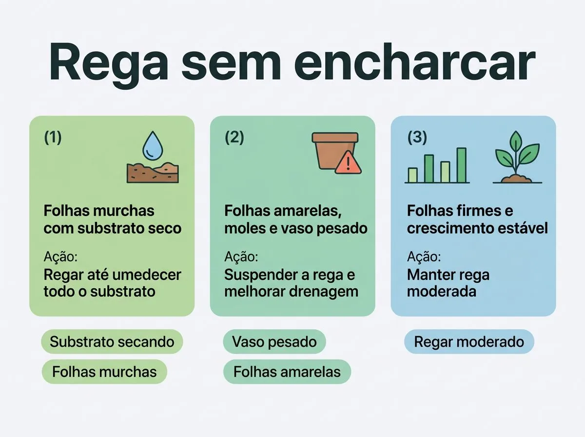 Infográfico com sinais de falta e excesso de água na jiboia e ações imediatas para corrigir a rega