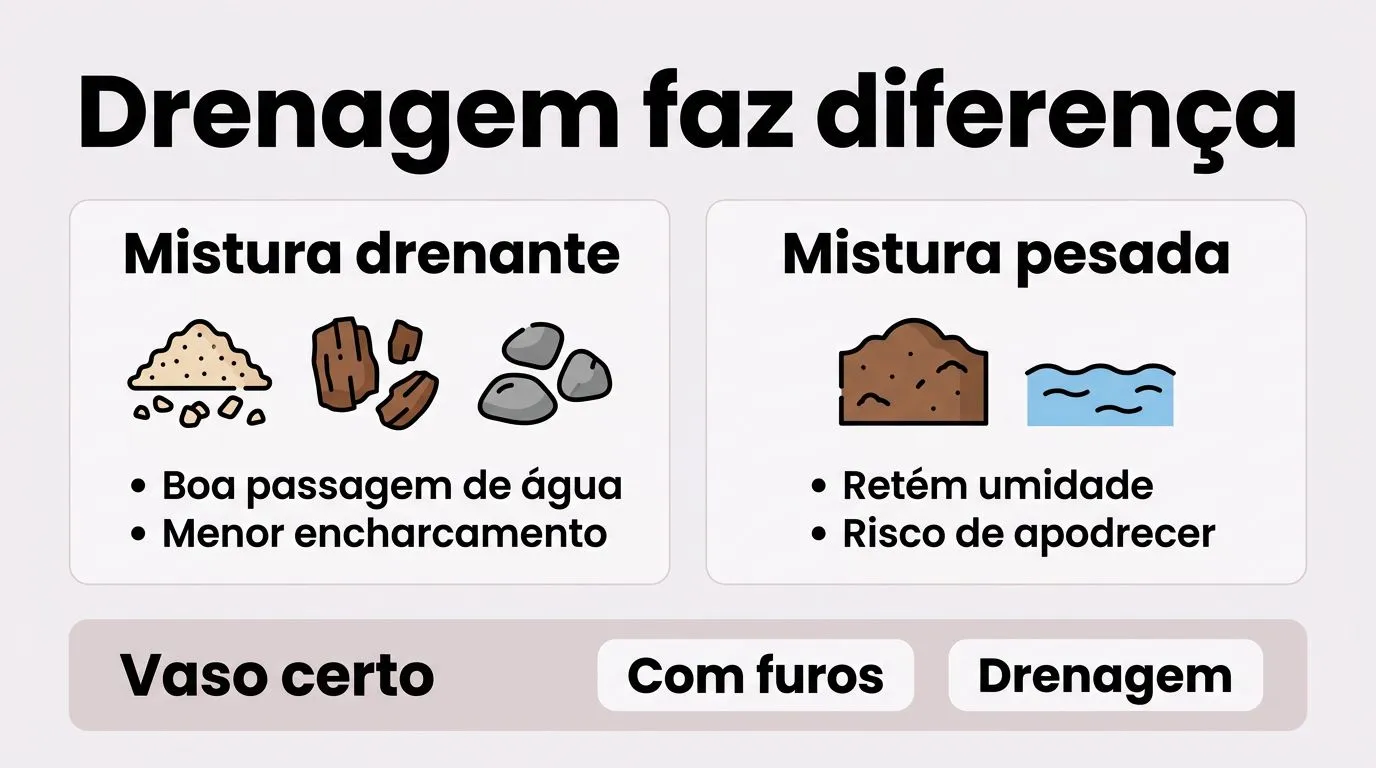 Comparativo ilustrado entre mistura drenante e mistura pesada para zamioculca, destacando boa passagem de água, risco de encharcamento e uso de vaso com furos e drenagem.