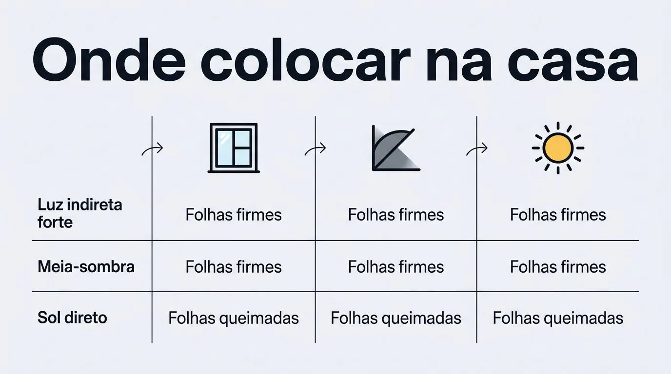 Comparativo com iluminação ideal para o lírio-da-paz: luz indireta forte, meia-sombra e sol direto, com sinais visuais e recomendações.