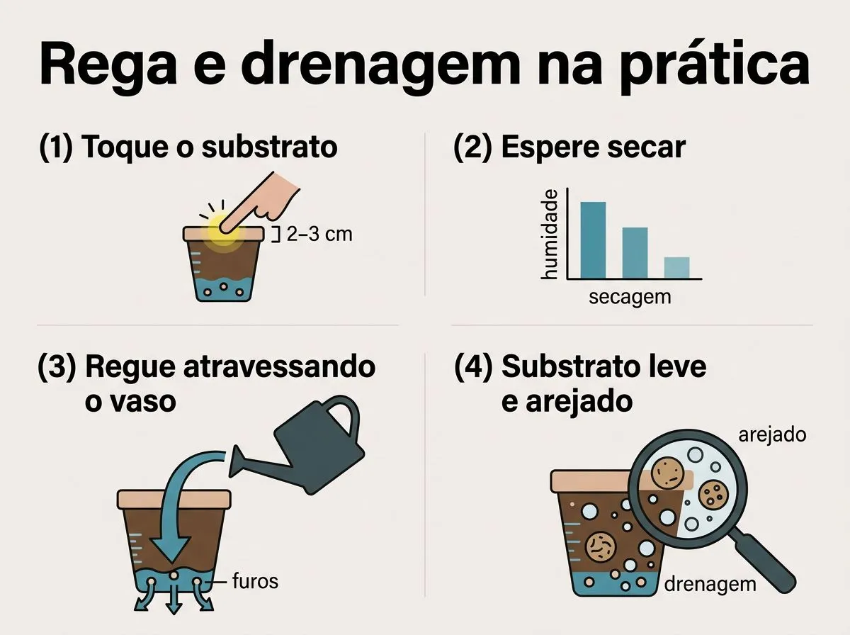 Infográfico mostrando como decidir a rega da costela-de-adão pela secagem do substrato e garantir drenagem com furos no vaso.