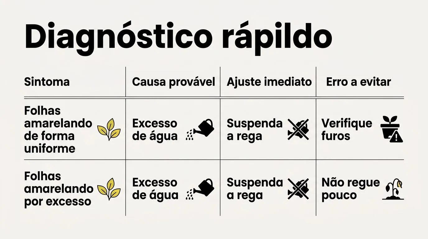 Quadro comparativo para diagnosticar sintomas comuns da costela-de-adão e indicar ajustes imediatos no cuidado.