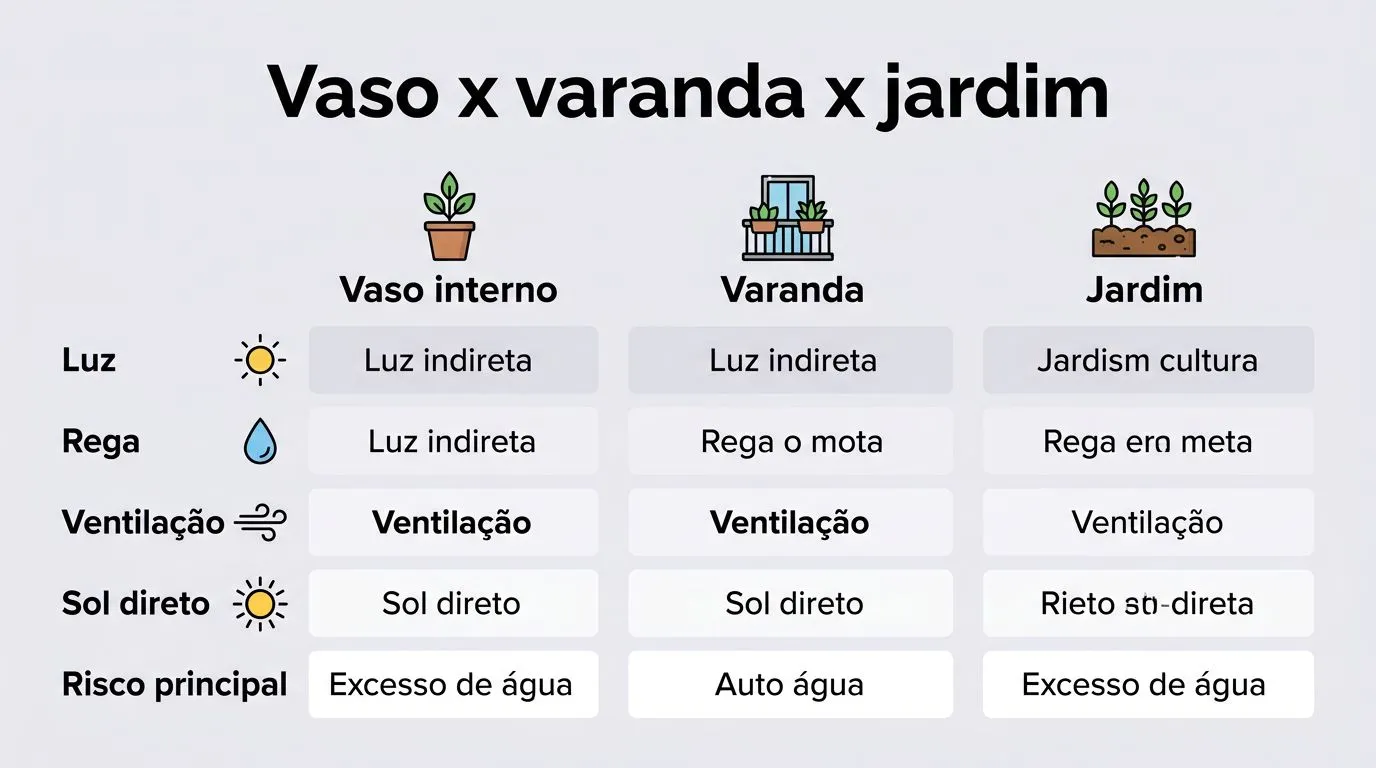 Comparativo em infográfico de cuidados da espada-de-são-jorge em vaso interno, varanda e jardim.