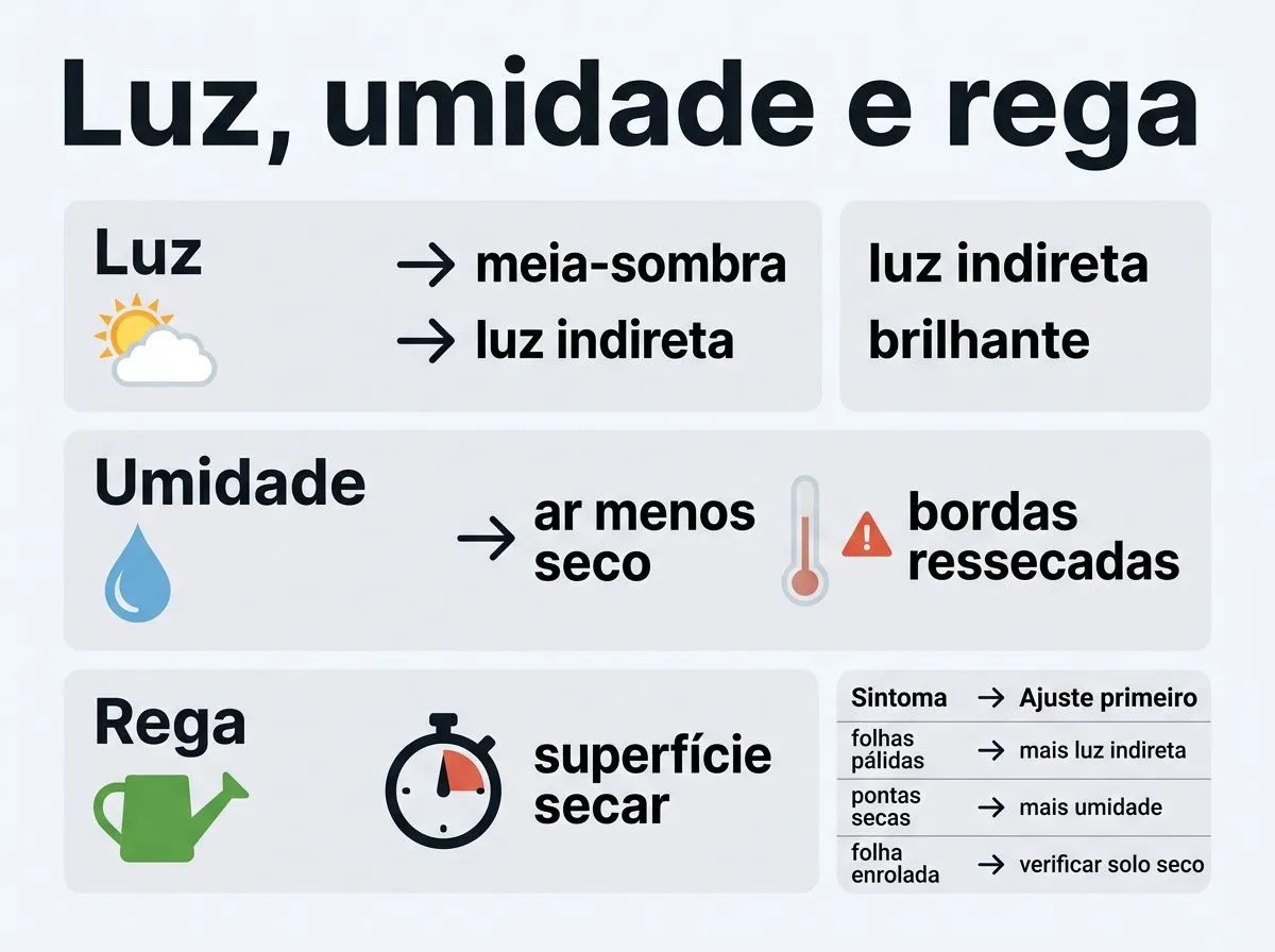 Infográfico com orientações para luz indireta, umidade do ar e rega pela secagem da superfície do substrato.