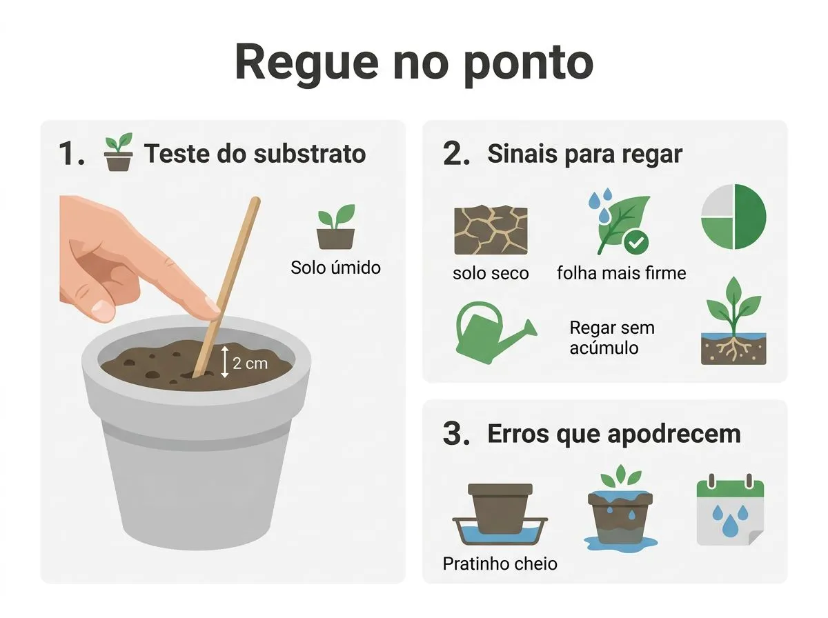 Infográfico com passos para acertar a rega da Espada-de-são-jorge e evitar apodrecimento das raízes.