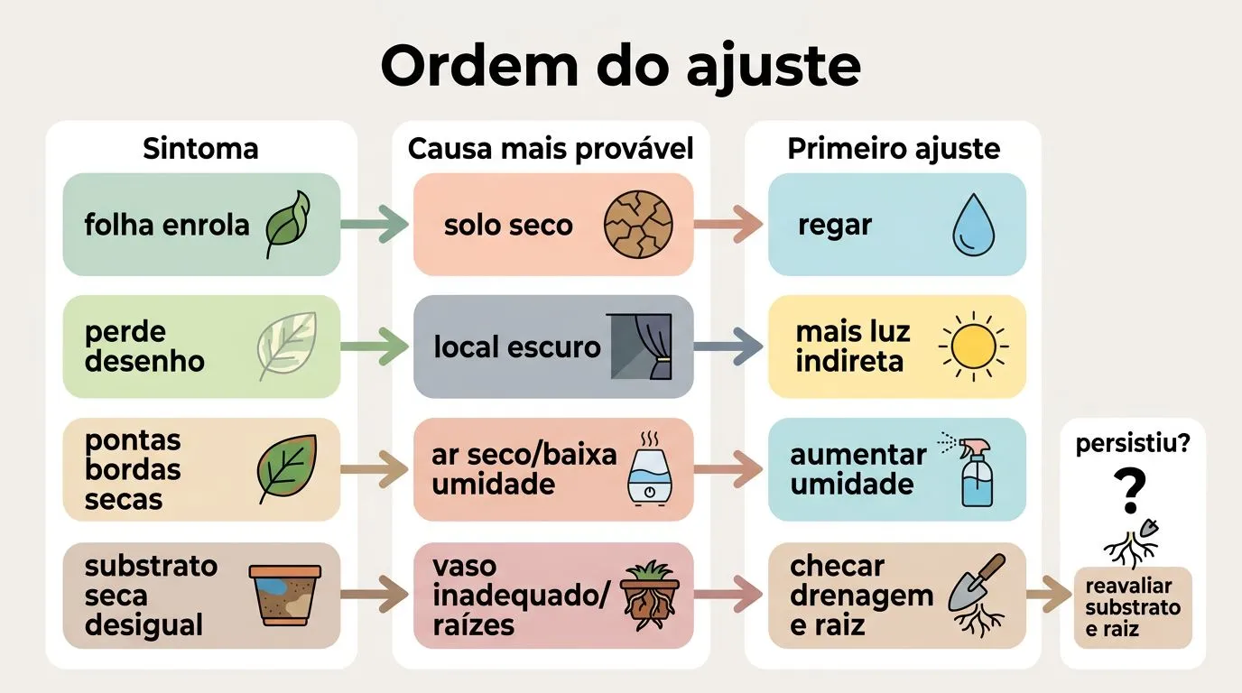 Comparativo em fluxograma mostrando sintomas da Maranta e a ordem do ajuste para corrigi-los.