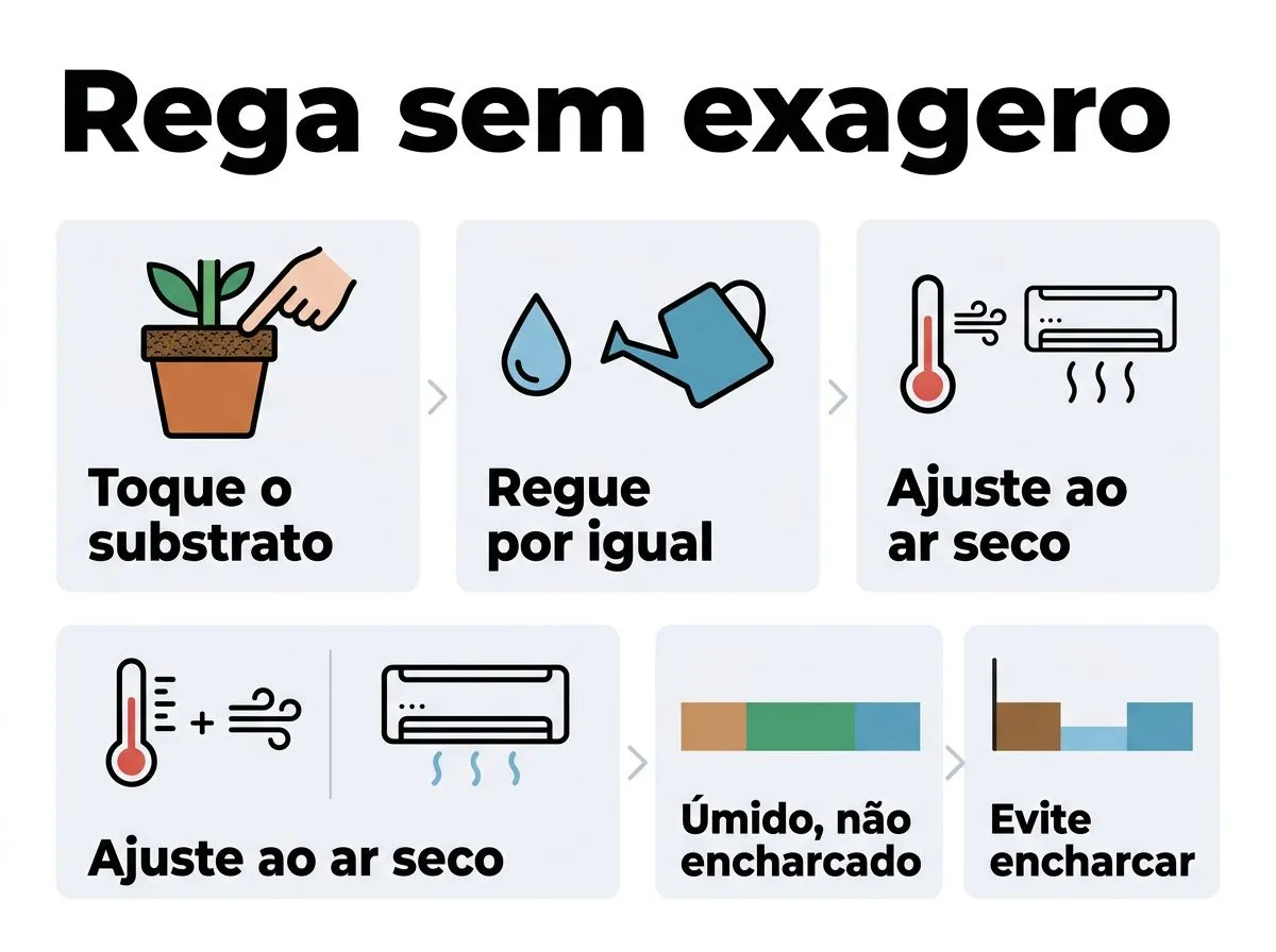 Infográfico mostrando como checar a umidade do substrato e regar sem encharcar