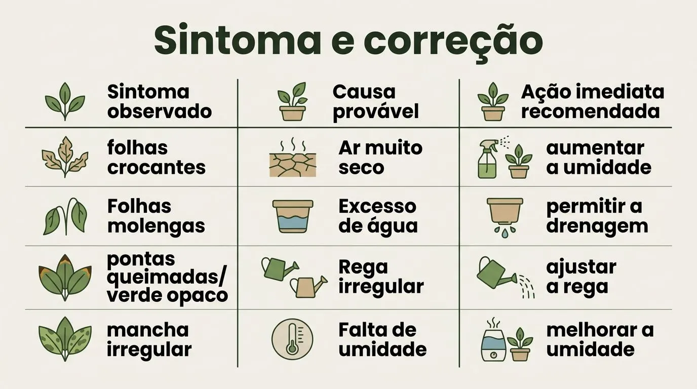 Quadro comparativo de sintomas de samambaia e ações imediatas recomendadas
