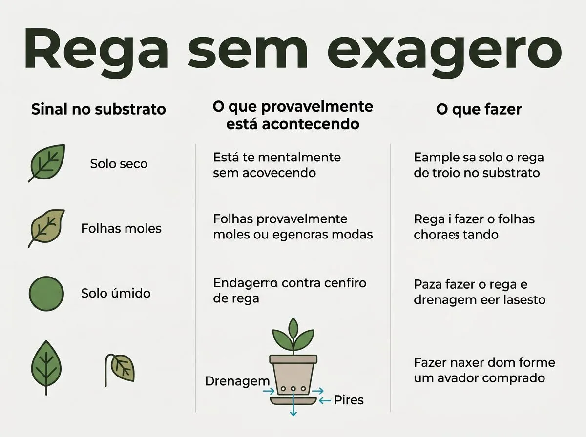 Infográfico com sinais, causas e ações para rega, substrato e drenagem da peperômia.