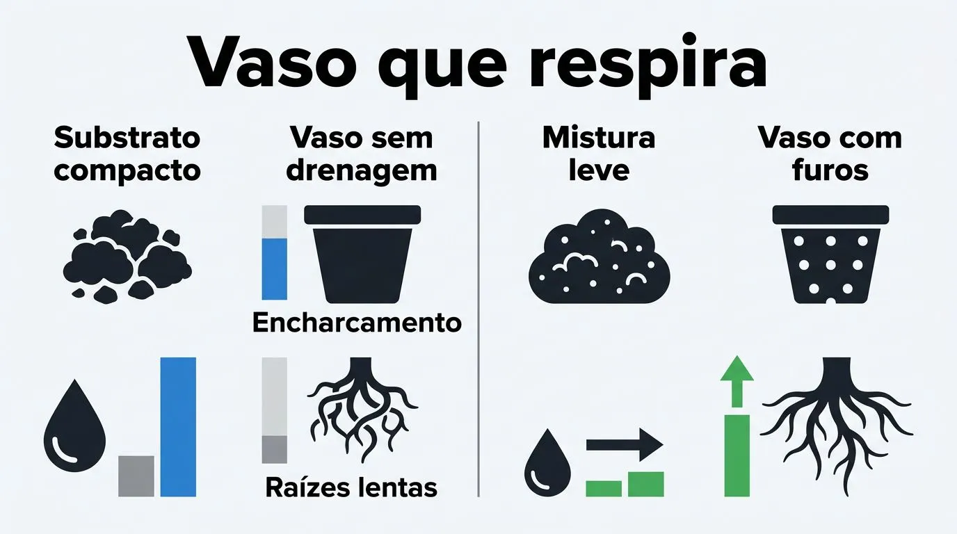 Comparação visual de substrato compacto versus mistura leve e impacto na drenagem para a Ficus lyrata