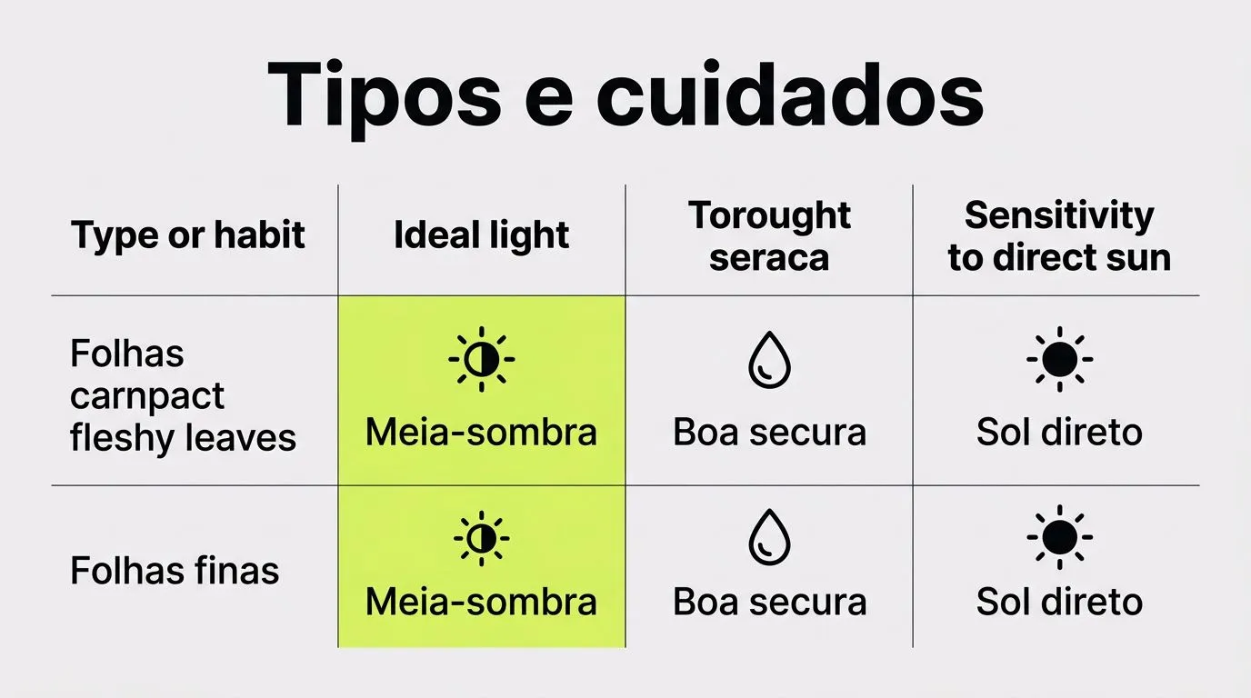 Comparação entre tipos de peperômia e o cuidado relacionado à luz e tolerância à secura.