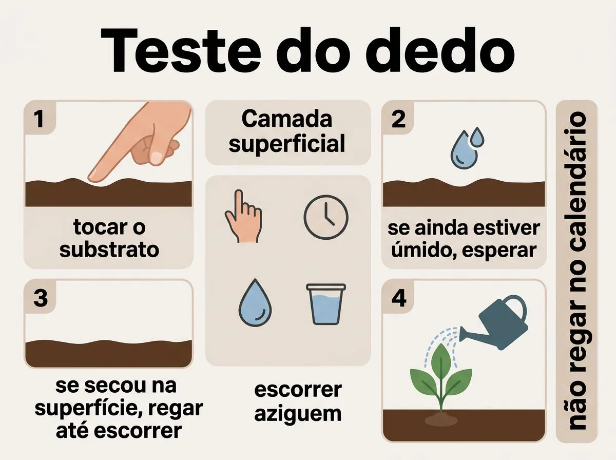Infográfico mostrando como testar o substrato com o dedo para definir a frequência de rega da Ficus lyrata