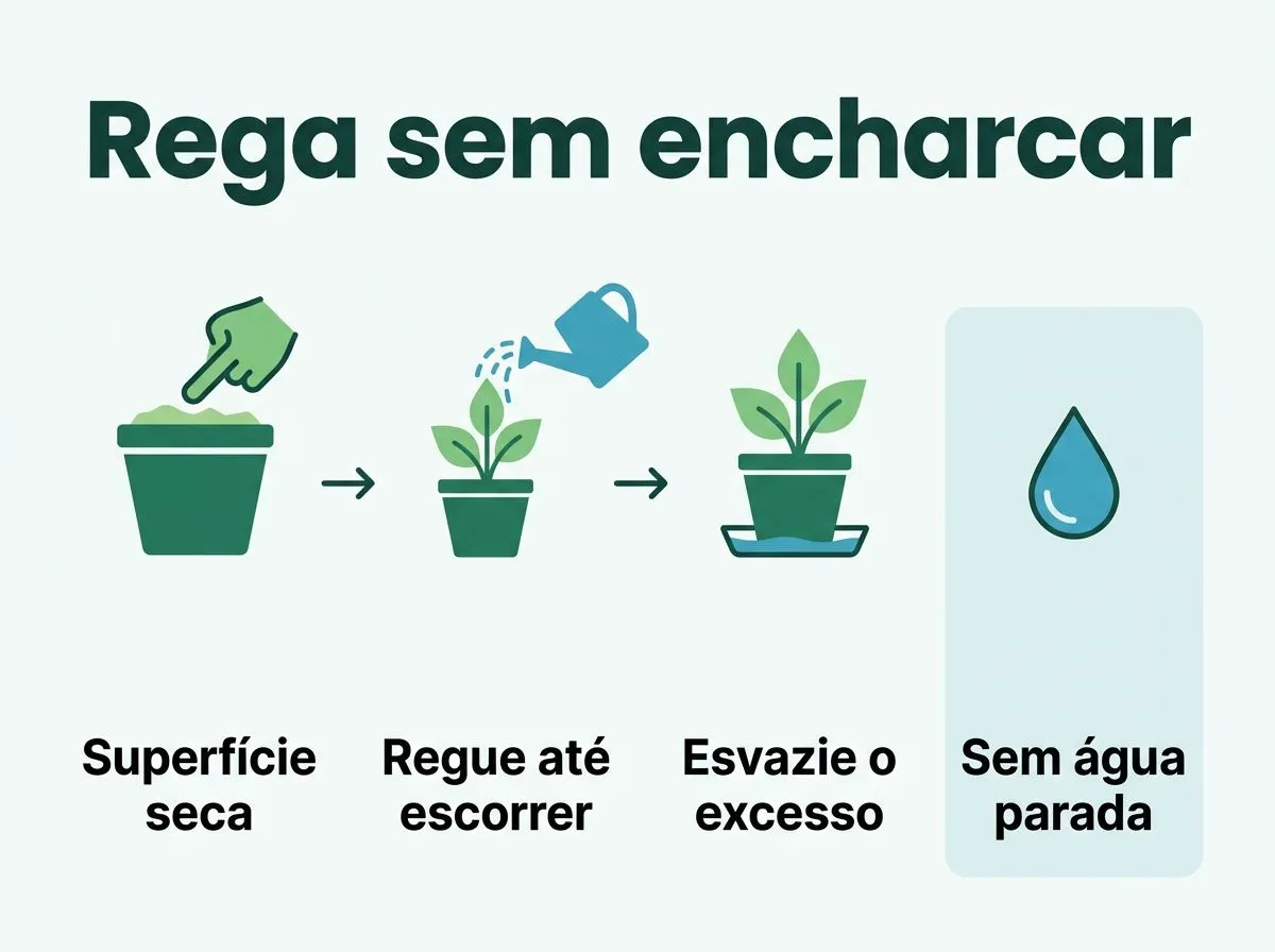 Infográfico com passos para regar Pilea: tocar a superfície, regar até escorrer e evitar água parada