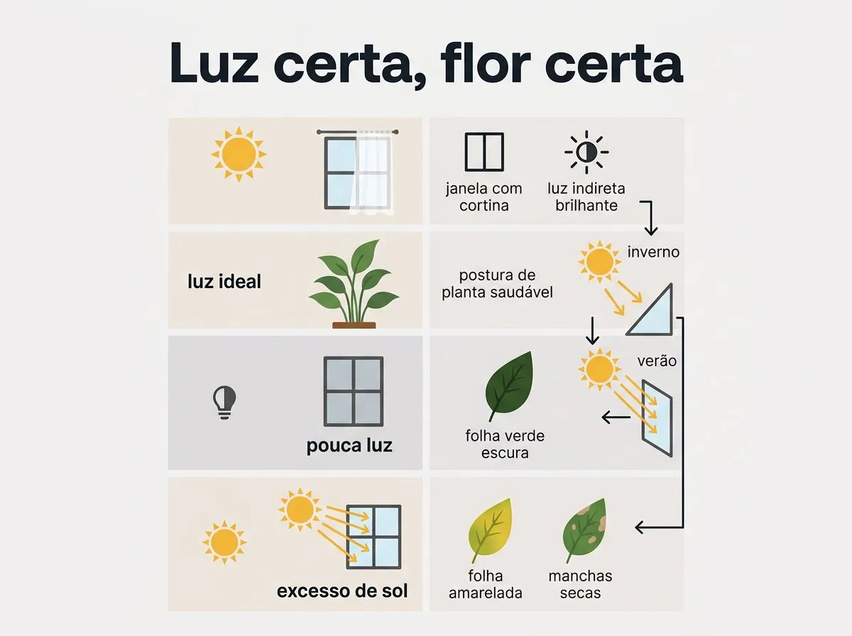 Infográfico comparando pouca luz, luz ideal e excesso de sol para orquídeas em casa, com dicas de ajuste por estação.