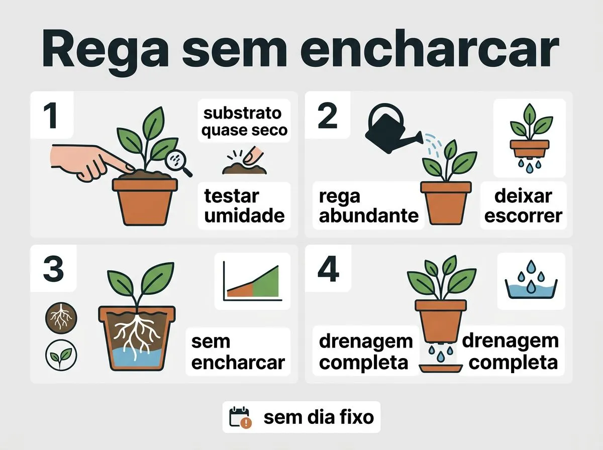 Infográfico com passos para regar orquídeas, evitar encharcamento e checar umidade antes de cada rega.