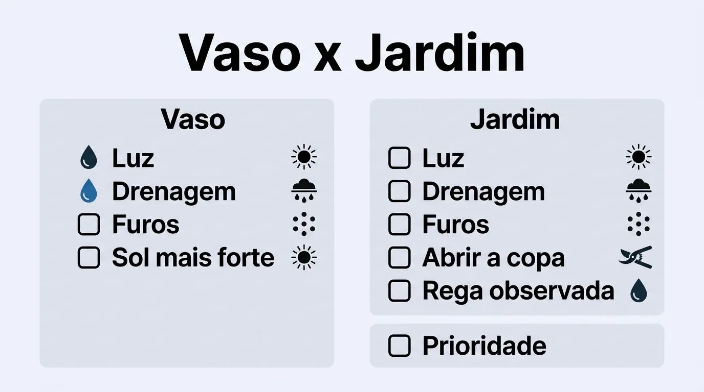Comparativo em forma de checklist com prioridades de cuidados com rosas no vaso e no jardim.