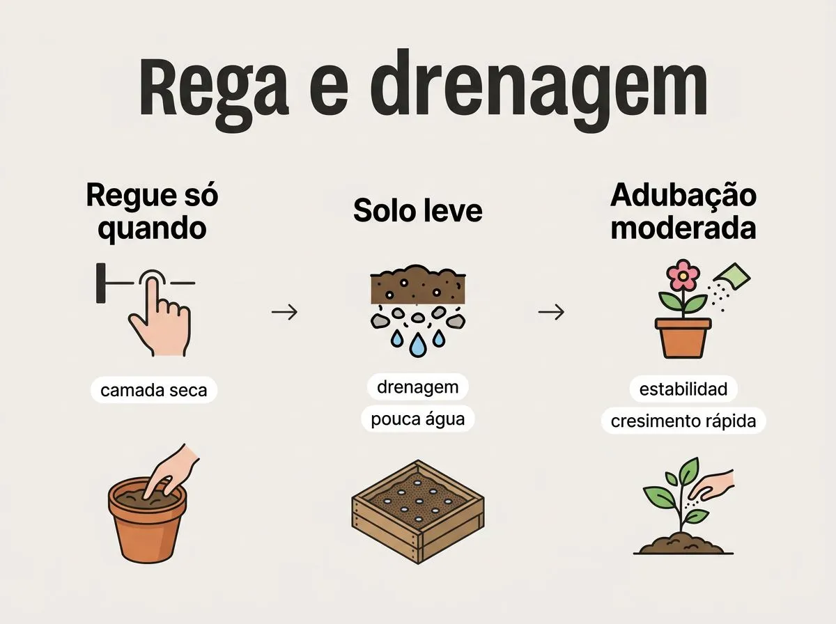 Infográfico com orientações de rega, solo e adubação para lavanda, destacando camada seca, drenagem e adubação moderada.