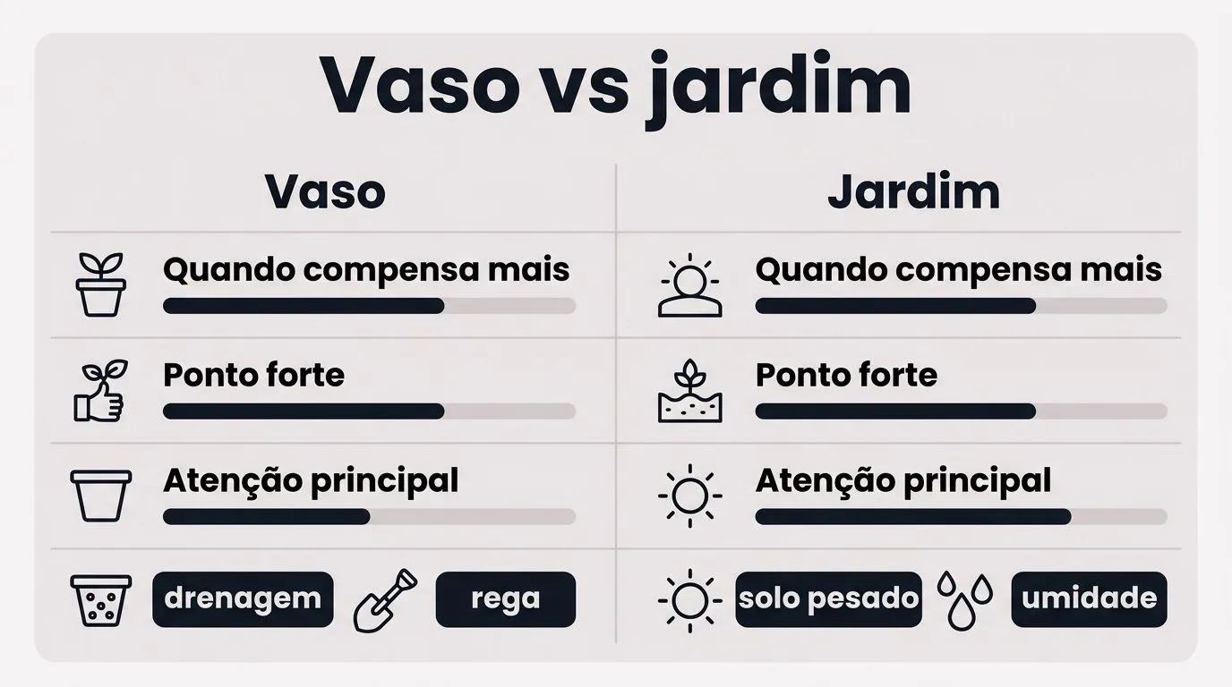 Comparativo visual entre lavanda em vaso e no jardim, com critérios como drenagem, rega e controle de umidade.
