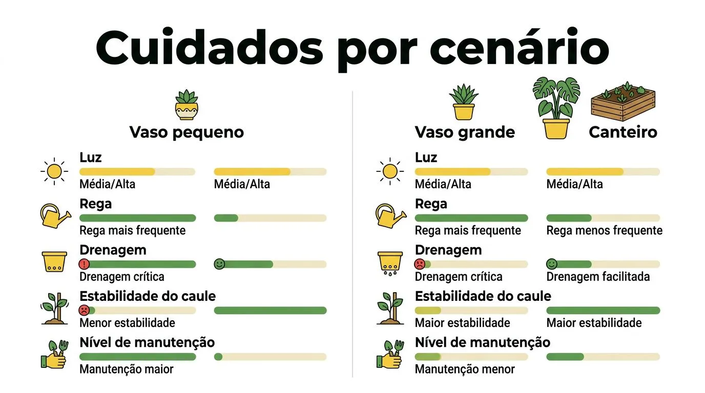 Comparação de cuidados do girassol entre vaso pequeno, vaso grande e canteiro, incluindo luz, rega e drenagem