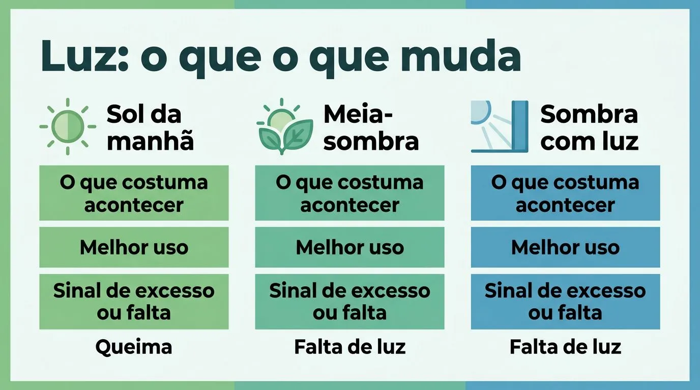 Comparativo de condições de luz para hortênsias em vaso e no jardim, com sinais de excesso ou falta.