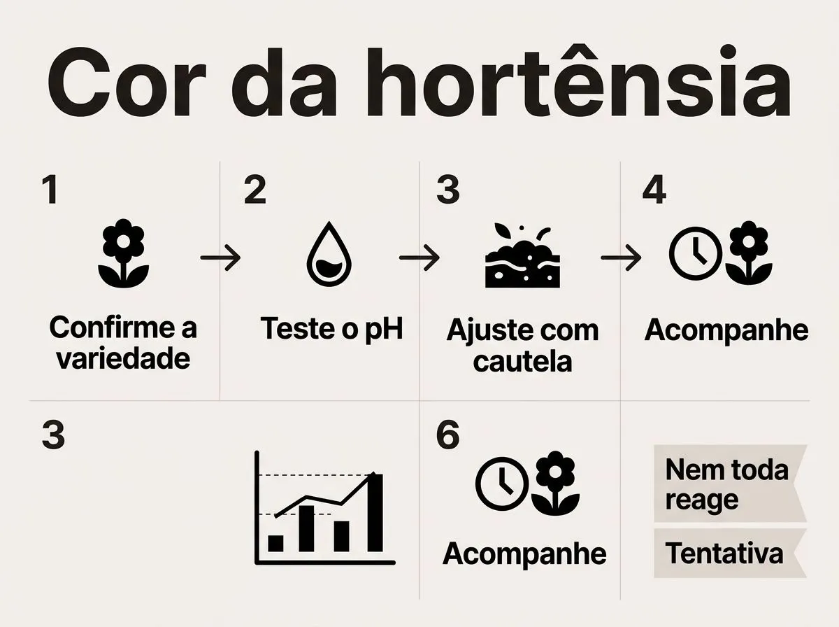 Infográfico em etapas mostrando como alterar a cor das flores de hortênsias com foco em variedade e pH do solo.