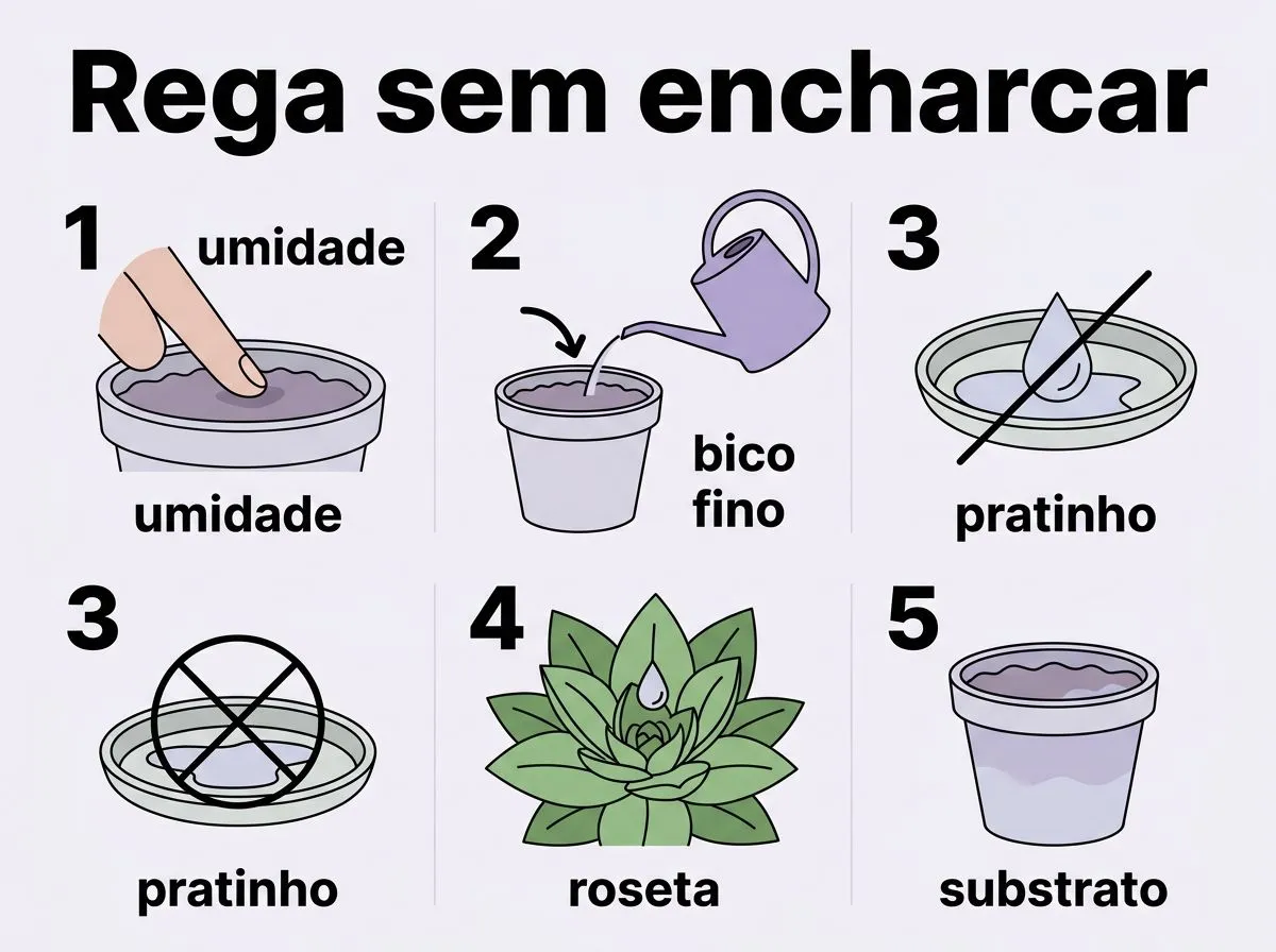 Infográfico com passos de como regar violetas sem encharcar, direcionando a água ao substrato