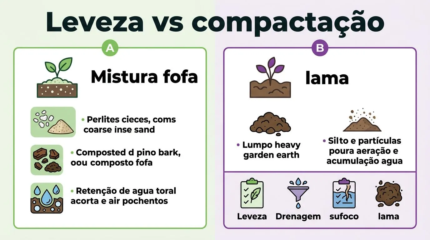 Gráfico comparando substrato leve com substrato compactado para violetas, destacando drenagem e risco