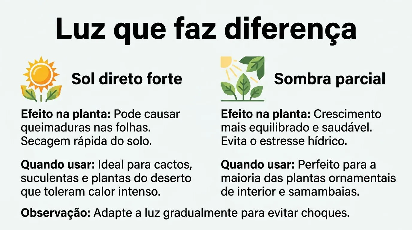 Comparativo visual de sol direto forte versus sombra parcial para azaleias, com sinais e quando usar