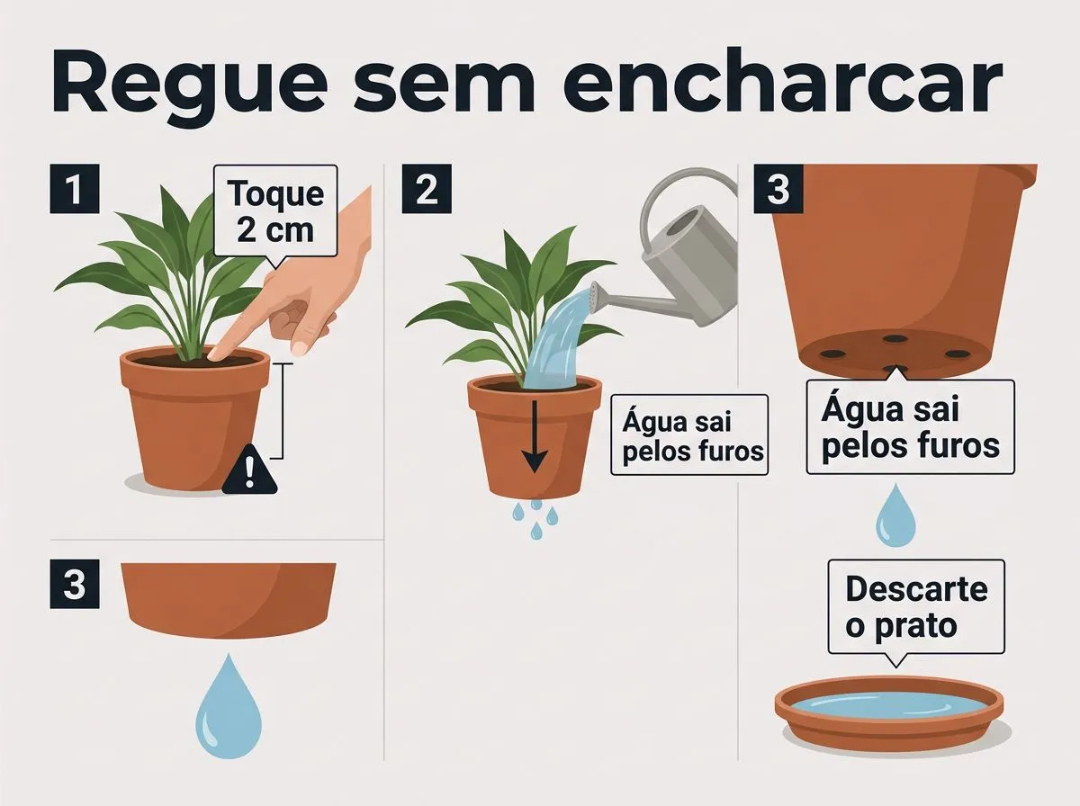 Infográfico em passos para regar azaleias no vaso verificando 2 cm de profundidade e evitando água parada no prato