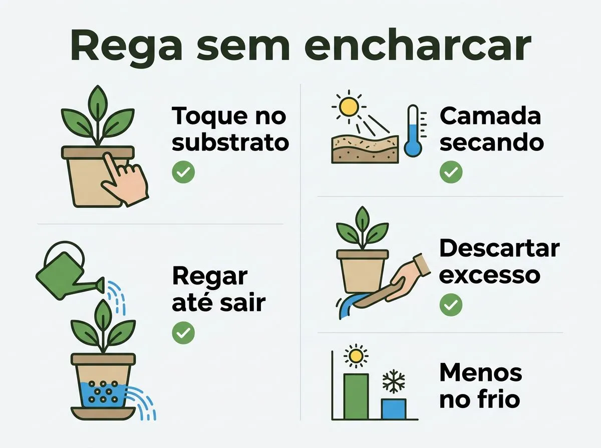 Infográfico com passos para regar begônias sem encharcar e evitar excesso de água.