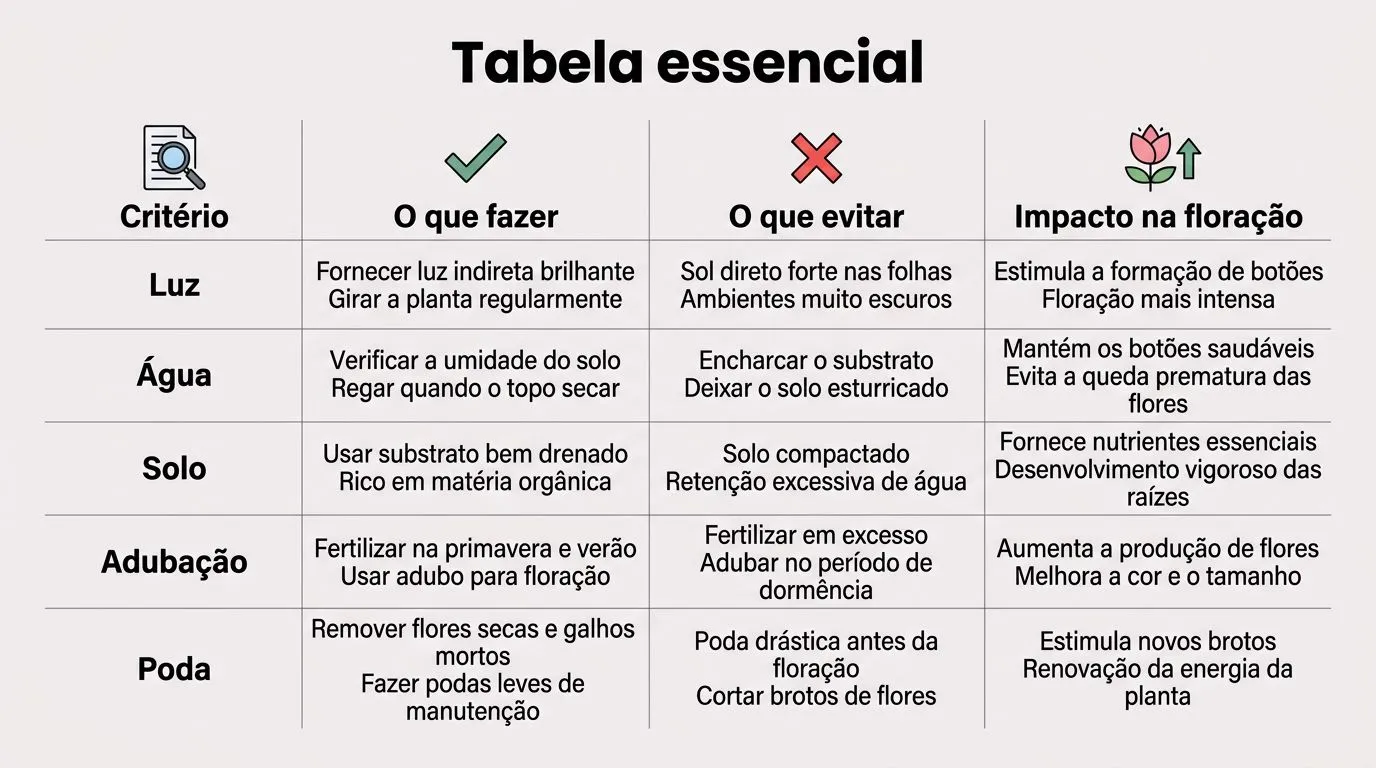 Tabela comparativa resumindo o que fazer e o que evitar no cultivo de camélias, com impacto na floração.