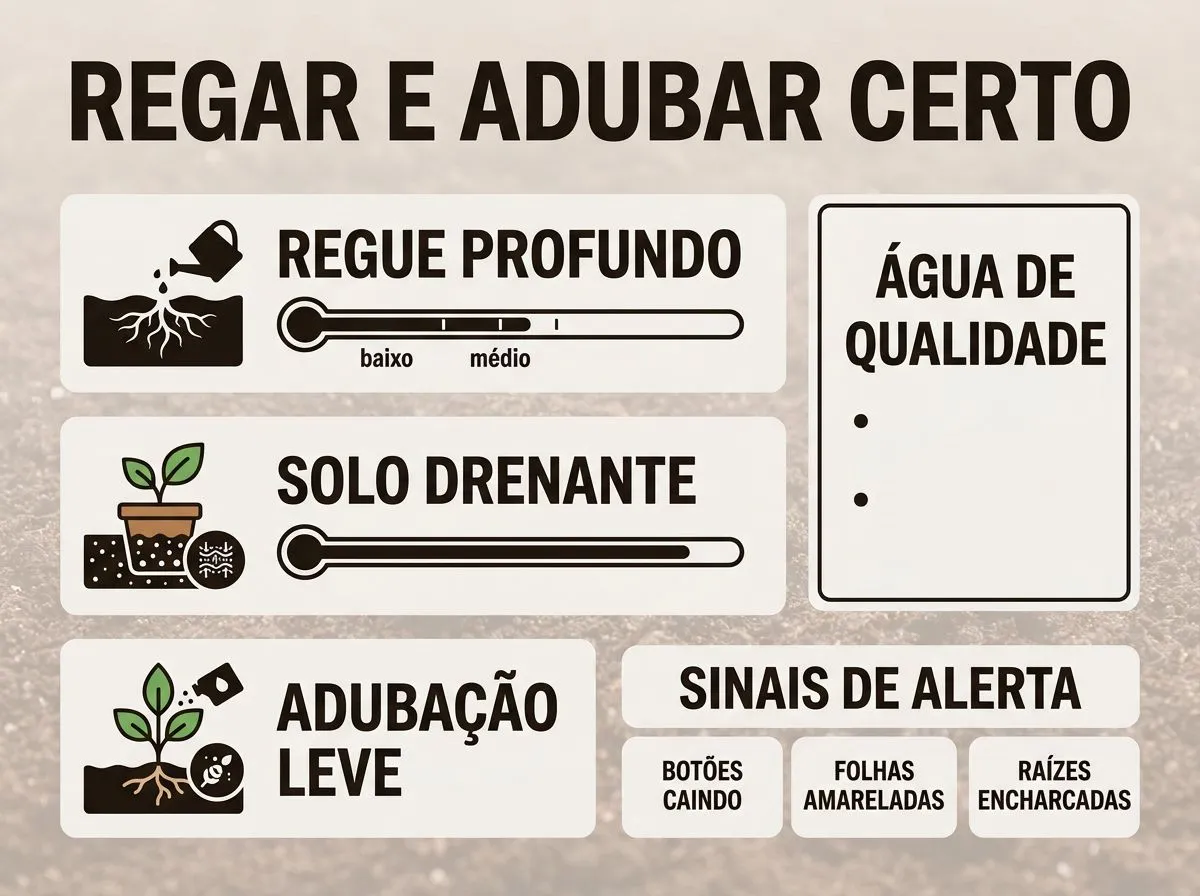 Infográfico com passos e checklist de rega, solo e adubação para manter camélias com floração saudável.
