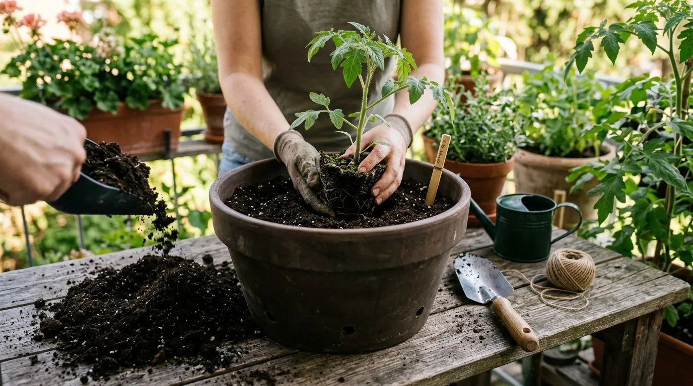 Preparo de vaso com substrato fofo e muda de tomate para transplantio.