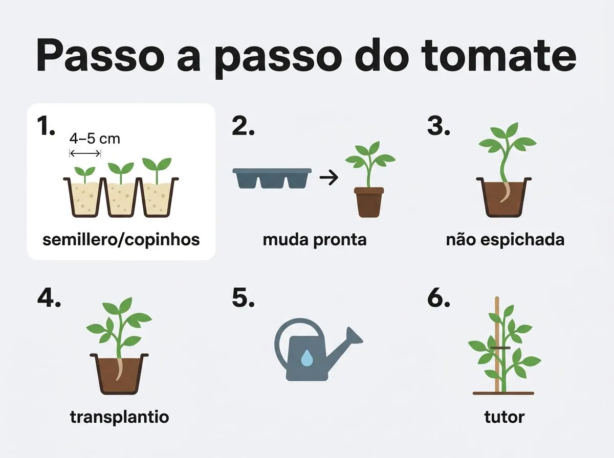 Infográfico com passos de como plantar tomate em casa: semillero, muda, transplante e tutoramento.