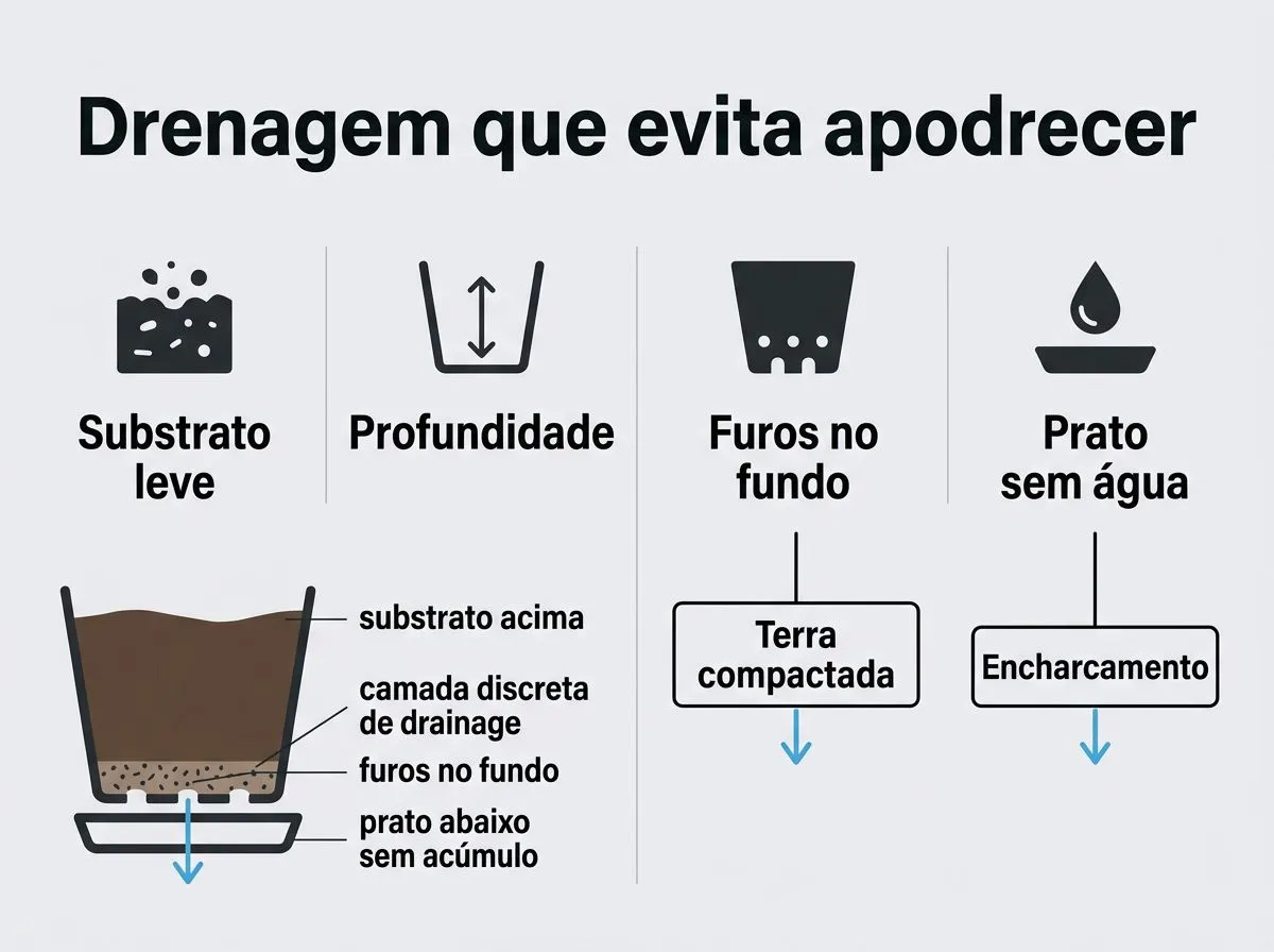 Infográfico mostrando como o substrato leve, furos no fundo e prato sem água ajudam a cebolinha a não apodrecer.