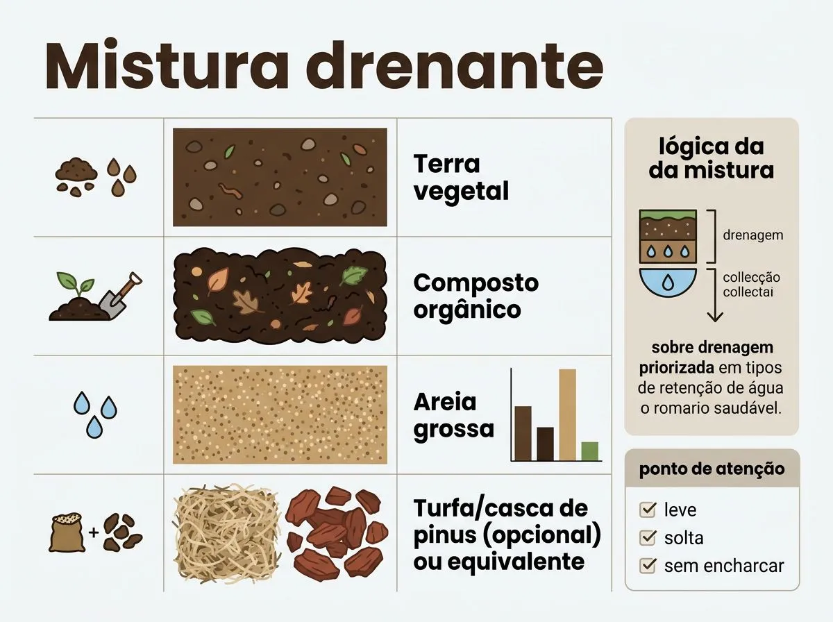 Infográfico com mistura de solo drenante para alecrim