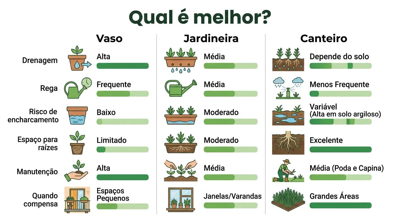 Comparativo entre vaso, jardineira e canteiro para cultivar alecrim