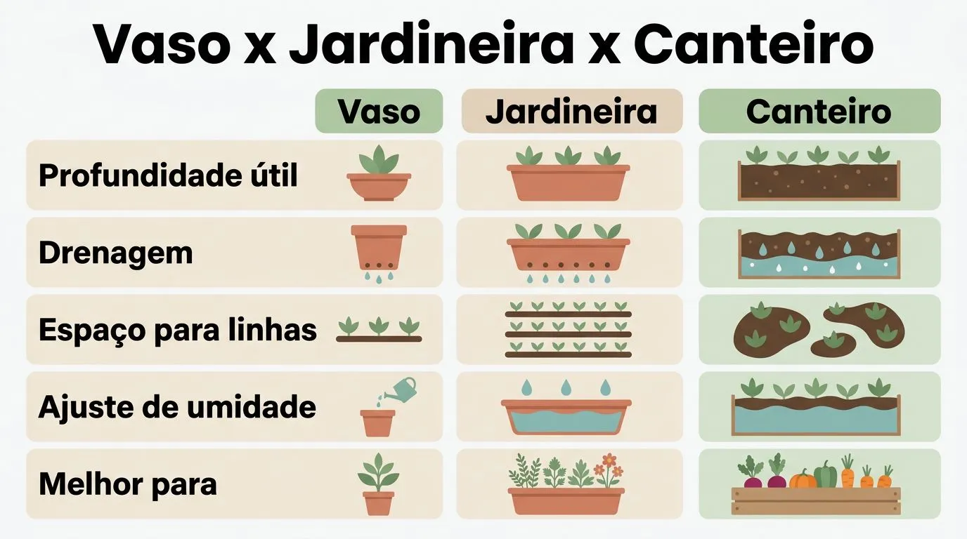 Infográfico comparando vaso, jardineira e canteiro para cultivar salsinha com critérios práticos como profundidade útil e drenagem.