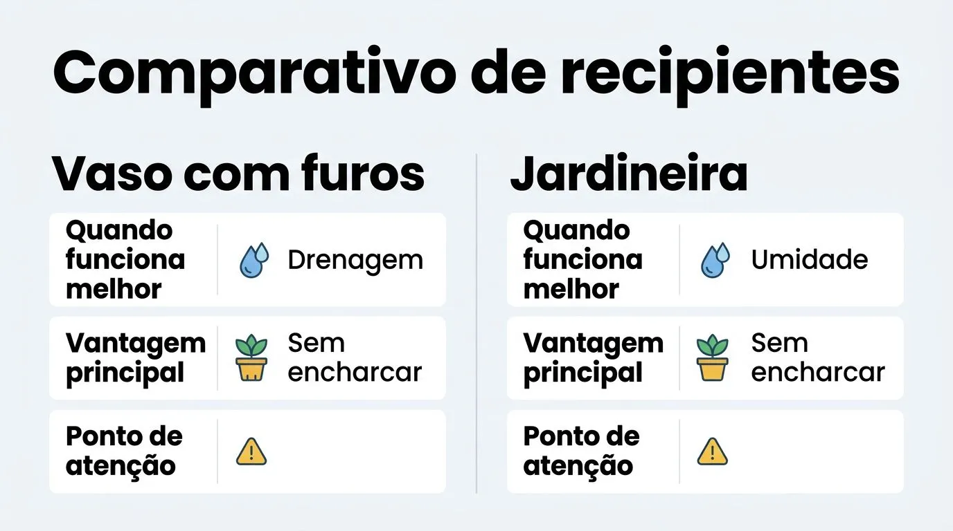 Comparativo entre vaso com furos de drenagem e jardineira para hortelã