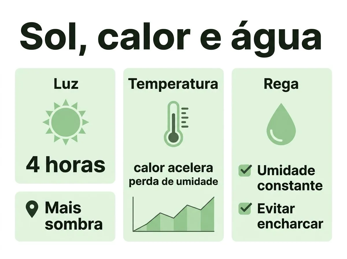 Infográfico com orientação de luz, temperatura e rega para melhorar o vigor da salsinha em casa.