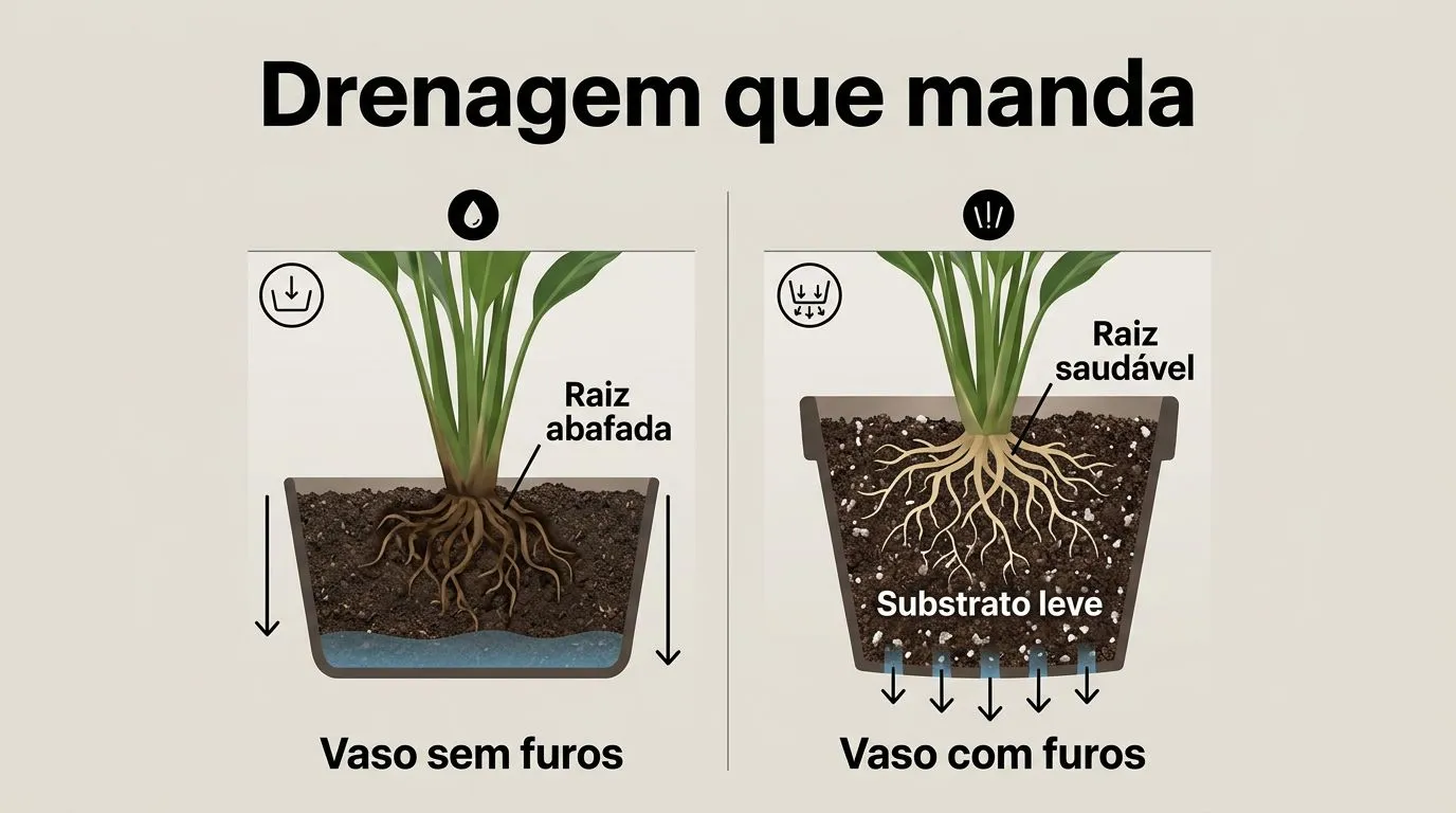 Comparação em corte entre vaso raso e sem furos versus vaso com furos e substrato leve para pimenteira.