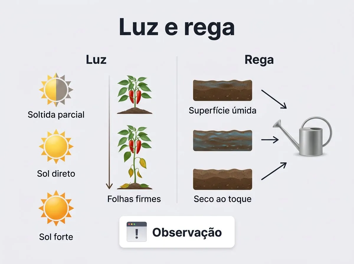Infográfico comparando níveis de luz e sinais do substrato para acertar a rega da pimenteira.