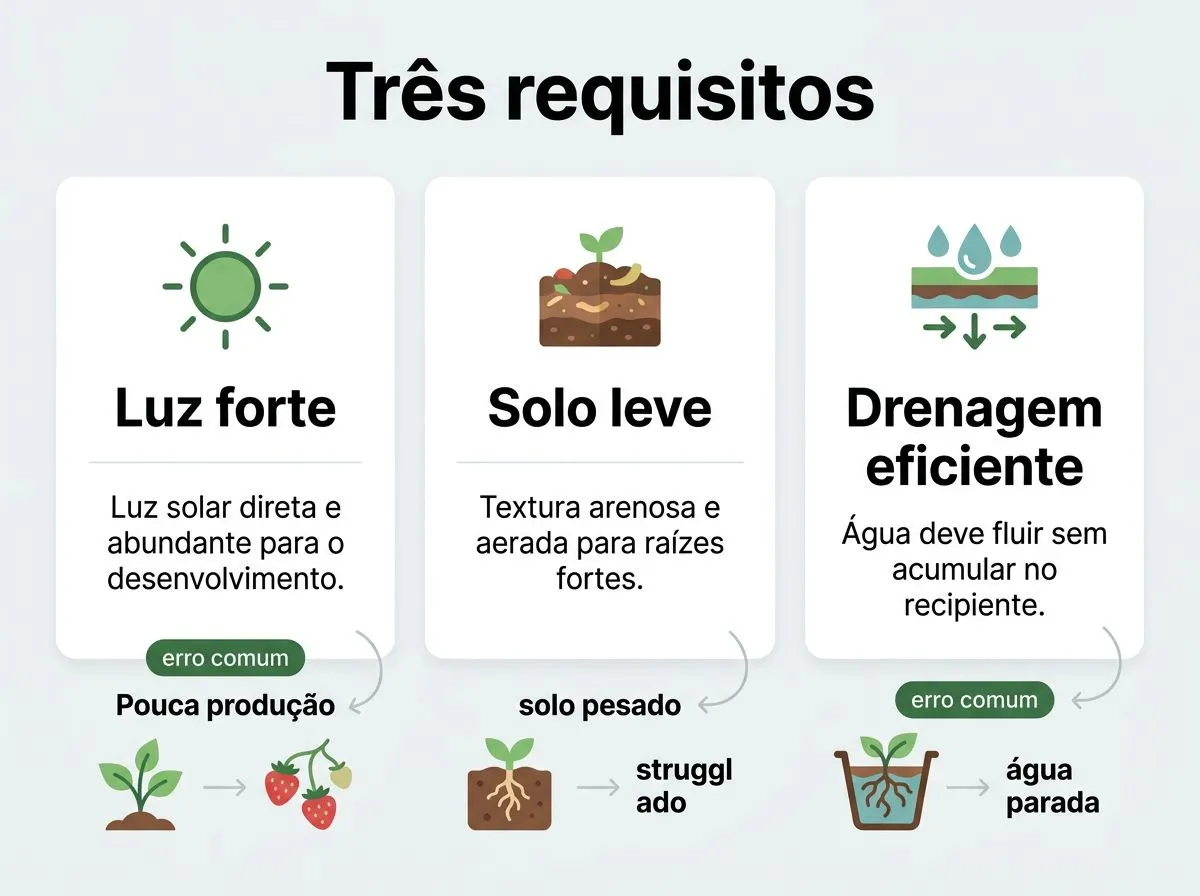 Infográfico com três requisitos do morango para dar certo em casa: luz forte, solo leve e drenagem eficiente