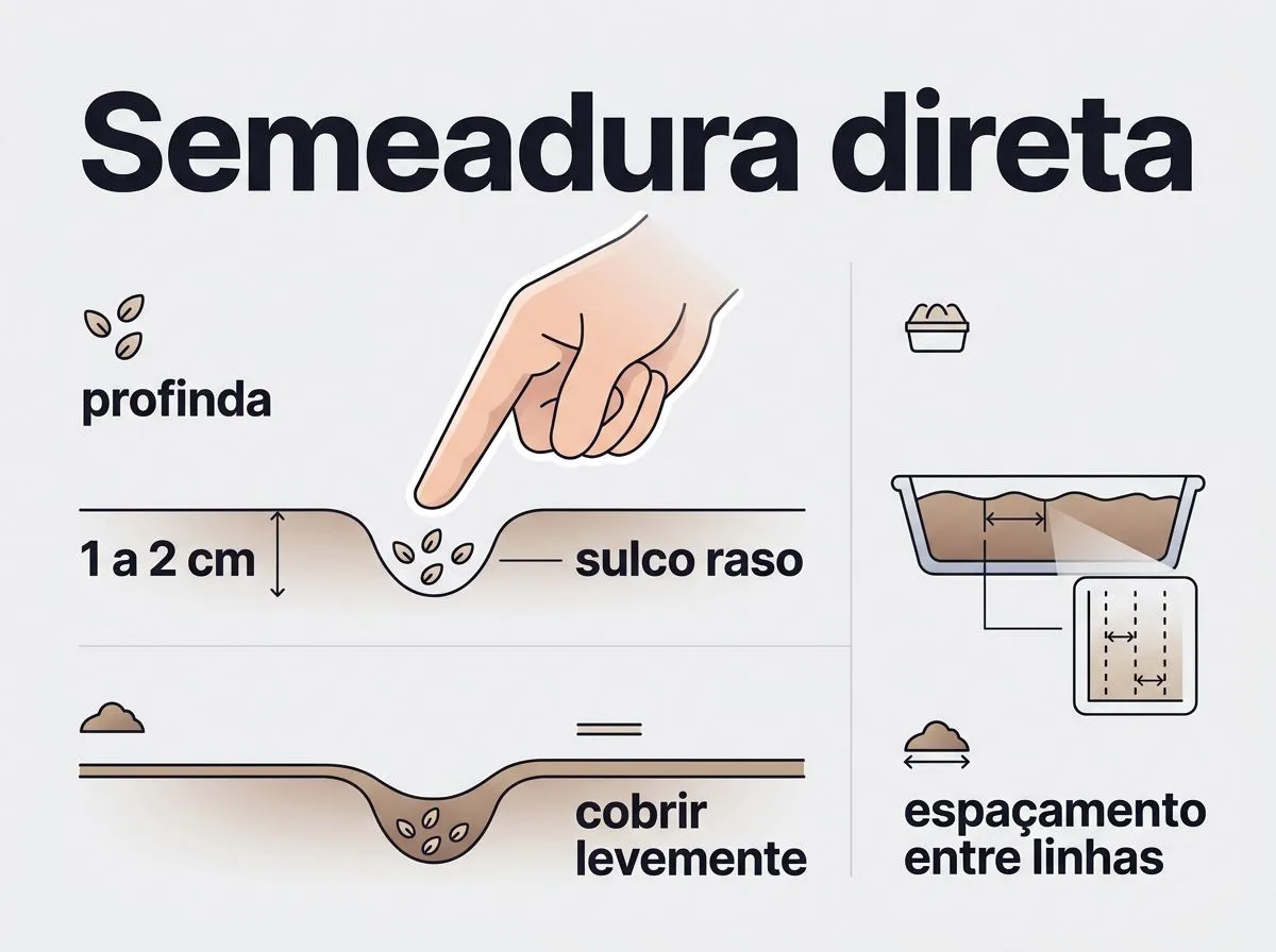 Infográfico mostrando profundidade, sulco raso e cobertura leve na semeadura direta de rúcula