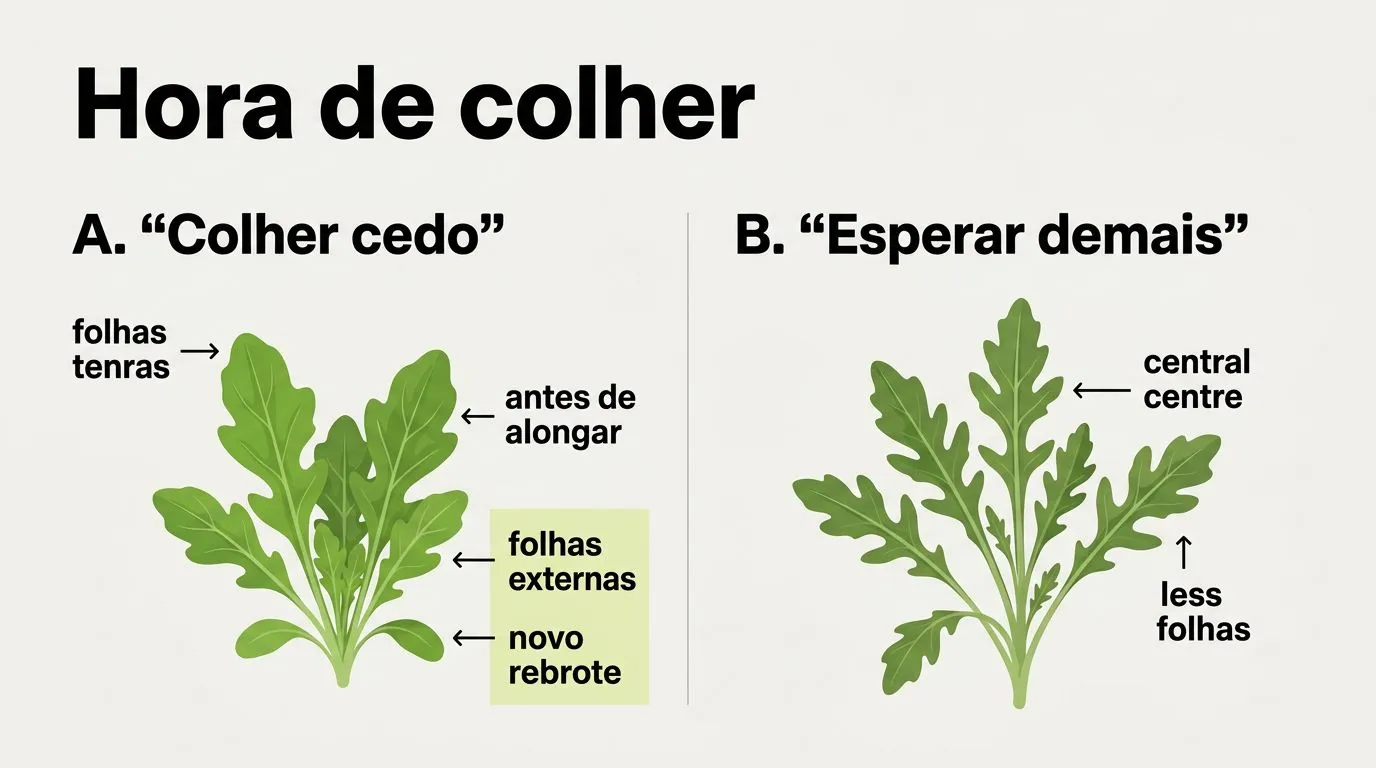 Comparativo ilustrado do ponto certo de colheita da rúcula para manter folhas tenras e estimular novo rebrote