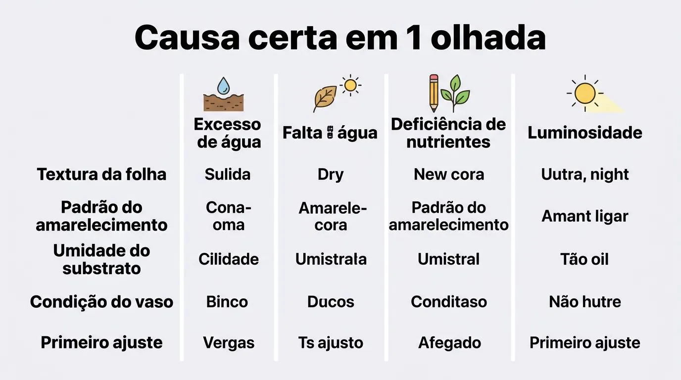 Quadro comparativo para diferenciar causas de folhas amarelas por textura, padrão e umidade do substrato.