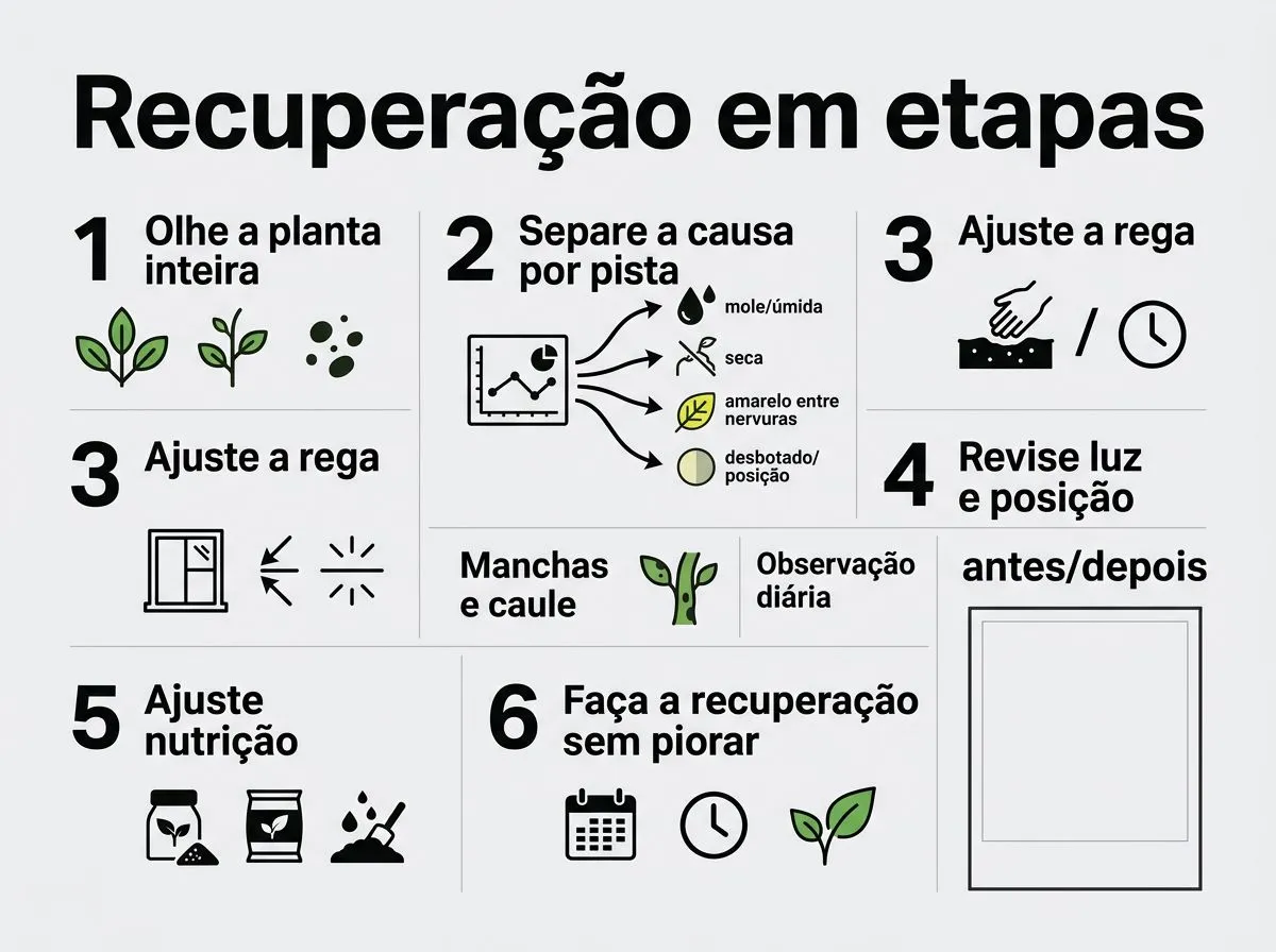 Infográfico com etapas para recuperar plantas com folhas amarelas, focando observação, rega, luz e nutrição.