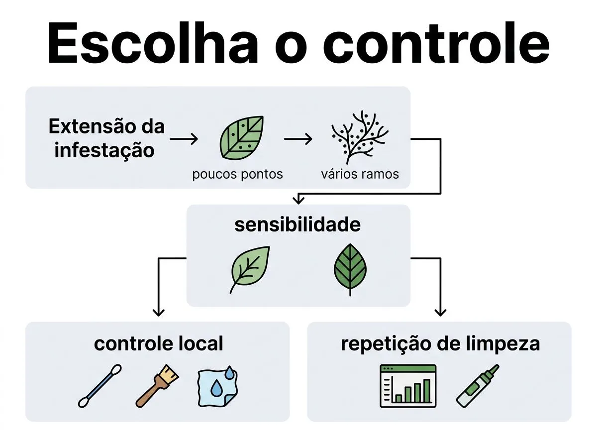 Infográfico em fluxograma para decidir o controle de cochonilhas pela extensão e sensibilidade da planta.
