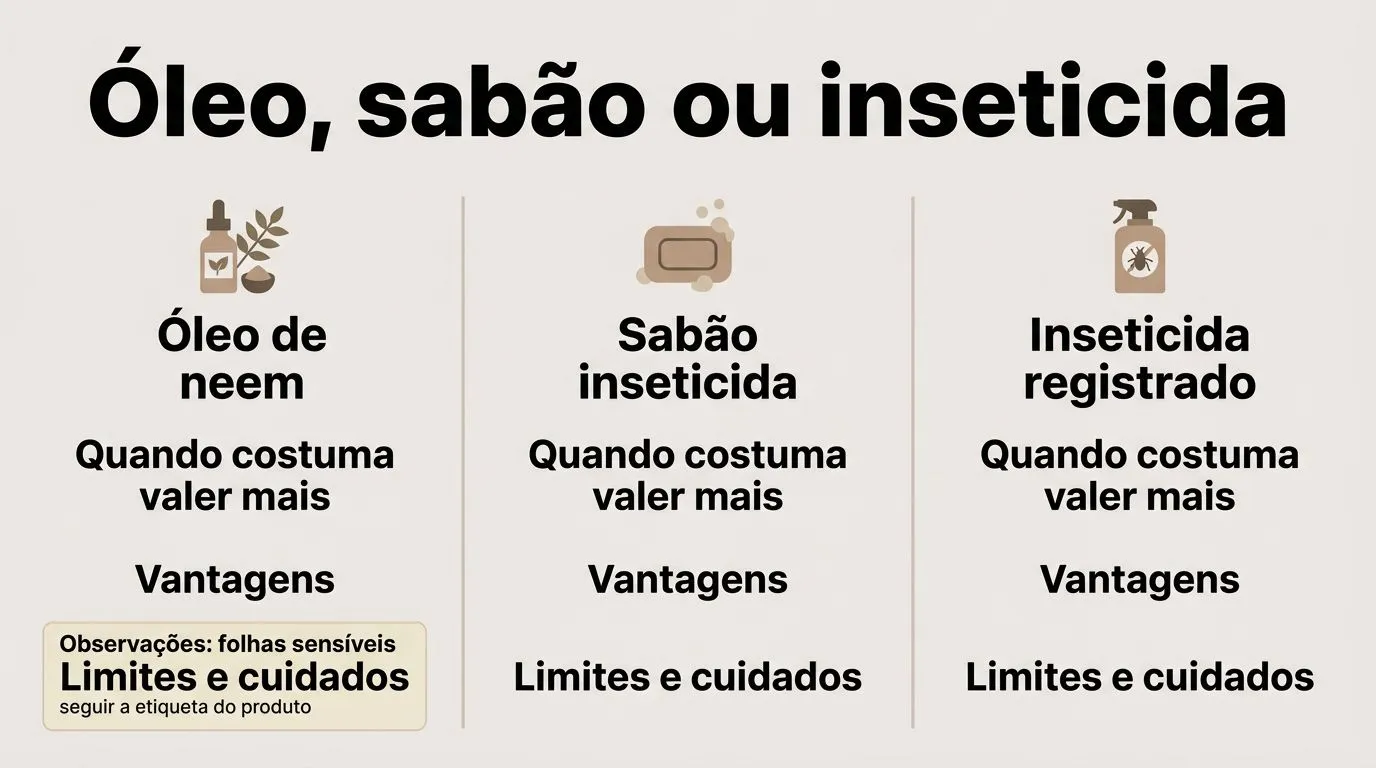 Comparativo visual de opções para controle de cochonilhas: óleo de neem, sabão inseticida e inseticida registrado.